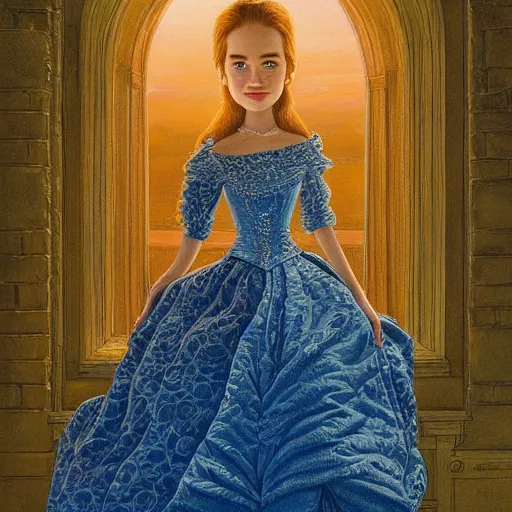 Prompt: a beautiful, detailed, intricate disney pixar cartoon style portrait painting of a kindly young woman resembling lily james with a dress full of pockets, by james c. christensen