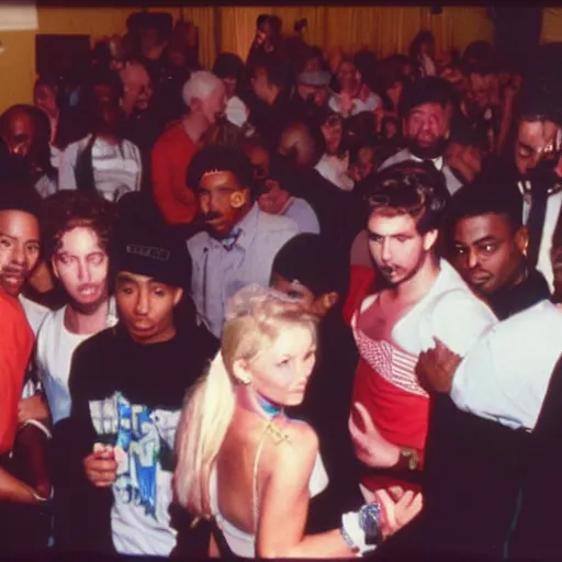 Prompt: photo of a small party with people partying in the early 1990's. 2pac can be seen in the background.