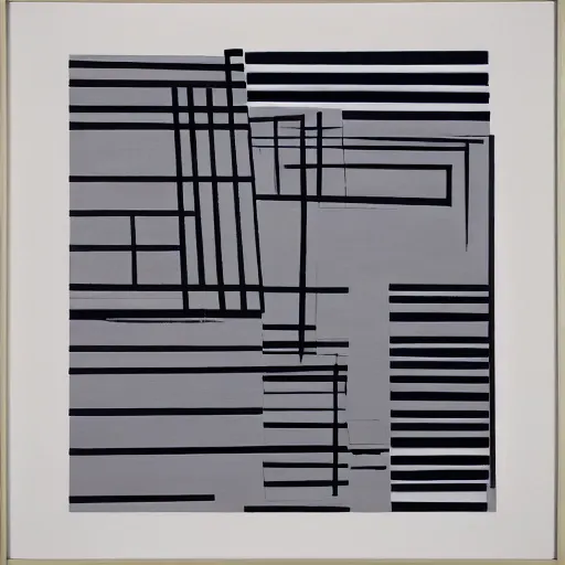 Image similar to a geometric painting in the style of Pierre Soulages which is aligned to an invisible square grid, varied line width and value, simple geometric shapes of varied size, monochromatic with pops of pastel tones