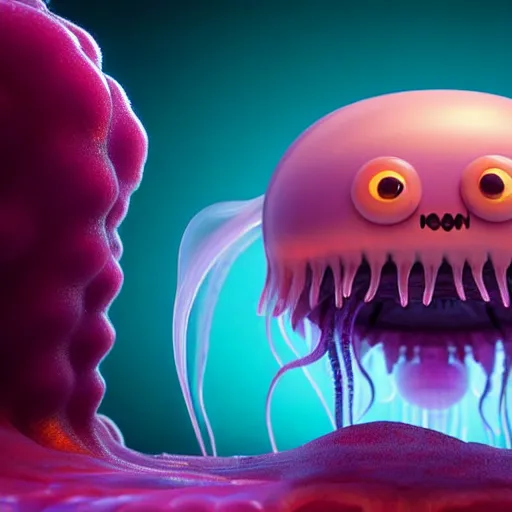 Prompt: a beautiful extreme wide uncropped full body photograph of a super cute jellyfish monster with huge sad eyes and sharp fangs in a wide open mouth, highly detailed, smooth, very very clean, 8 k, cinematic movie photograph, cinematic lighting, octane render, zbrush central contest winner, 3 d maya render