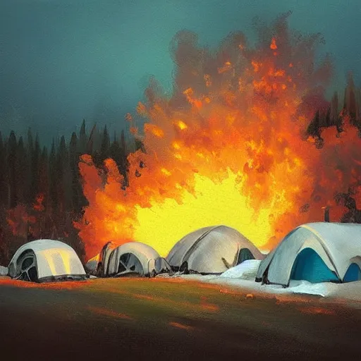 Image similar to a camp with tents on fire, burning down, shadows of 3 girls watching the camp burn, snow, painted by Sylvain Sarrailh