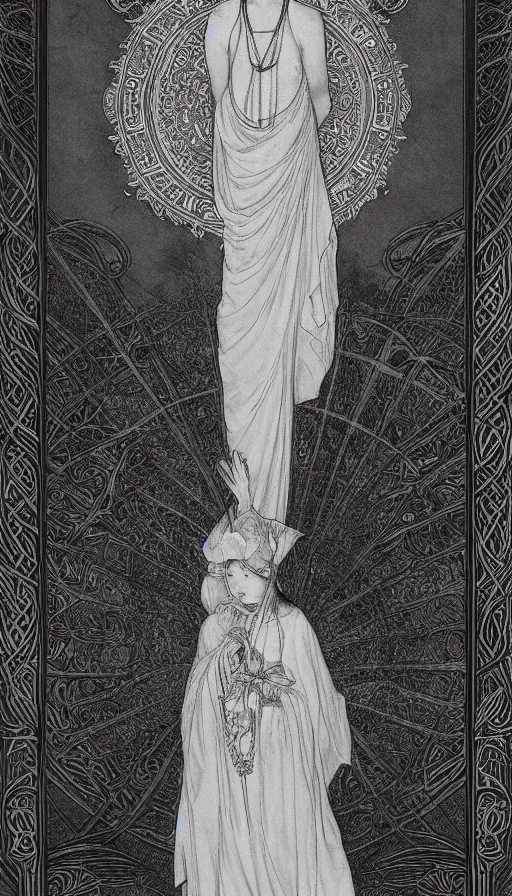 Image similar to yoon young bae as the high priestess, tarot design, by mucha, by agostino arrivabene, black and white graphite drawing, smooth render