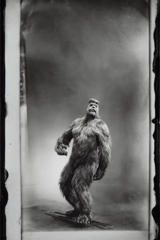 Prompt: a wet plate photograph of a Bigfoot going into a barber shop