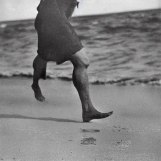 Image similar to a 1 9 2 8 photograph of a shark with human legs walking on the beach