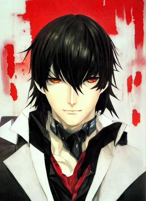 Image similar to portrait by shigenori soejima, handsome male vampire, focus on face, sword holster, long black hair, dark blue shirt, light brown coat, red eyes,