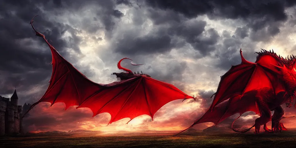 Image similar to A huge red dragon swoops past an imposing medieval castle, fire, dark fantasy, stormy sky, volumetric lightning, digital art