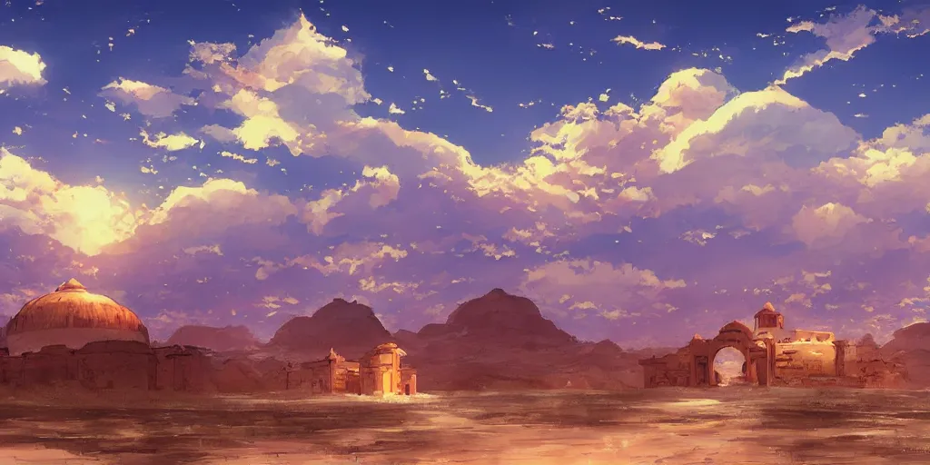 Image similar to a stunning desert landscape with an arabian palace on the horizon by makoto shinkai