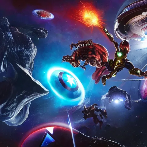 Image similar to the avengers battle one eldritch garfield in space, galaxy, hd, 8 k, explosions, gunfire, lasers, giant, epic, realistic photo, unreal engine, stars, prophecy, powerful, cinematic lighting, destroyed planet, debris, justice league, movie poster, violent, sinister, ray tracing, dynamic, print, epic composition, dark, lasagna, horrific