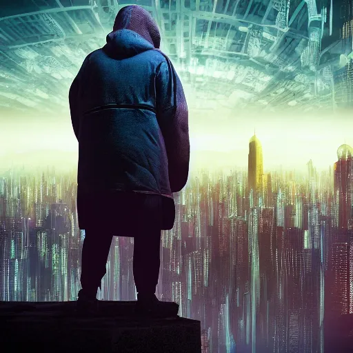 Prompt: a elder man wearing a hood staring at a cyberpunk city, sci-fi art, digital art, matte painting, award-winning