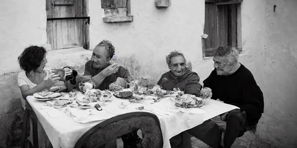 Image similar to photography of a cat sharing mortadella with his loved owner at a trullo house, photoreal, 3 5 mm, award winning photography