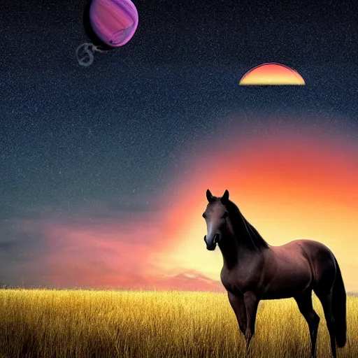 Prompt: realistic photograph of a horse standing in a field with Saturn in the sky, sunset lighting, high quality