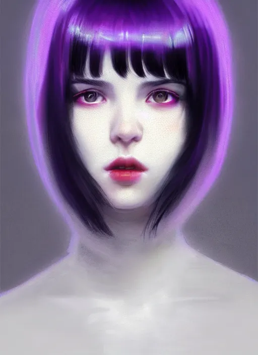 Image similar to portrait of teenage girl with white bangs, red irises, bangs, black and white hair, purple clothes, white bangs, two color hair, black hair and white bangs, intricate, elegant, glowing lights, highly detailed, digital painting, artstation, concept art, smooth, sharp focus, illustration, art by wlop, mars ravelo and greg rutkowski