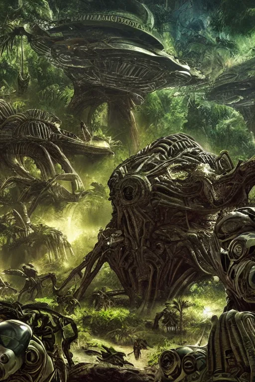 Image similar to alien hive in the exotic jungle, landscape, alex ross, neal adams, david finch, concept art, matte painting, highly detailed, rule of thirds, dynamic lighting, cinematic, detailed, denoised, centerd