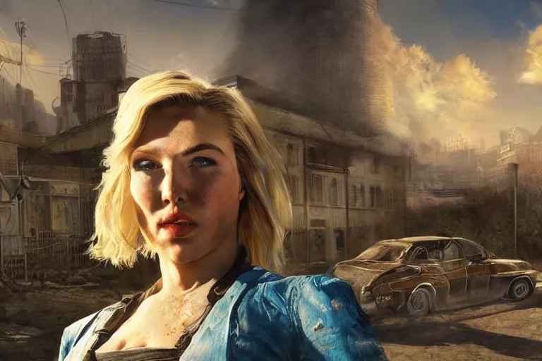 Image similar to fallout 5, charismatic beautiful rugged blonde female protagonist, portrait, outdoors european cityscape, atmospheric lighting, painted, intricate, volumetric lighting, beautiful, daytime, spring, sunny weather, few clouds, sharp focus, deep colours, ultra detailed, art by william turner