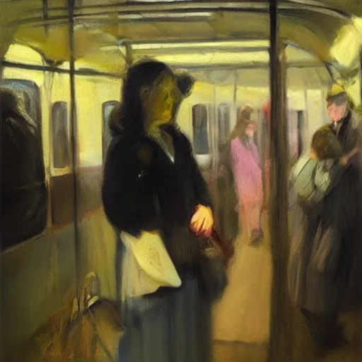 Image similar to “ a girl in the new york city subway, oil painting, by george bellows ”