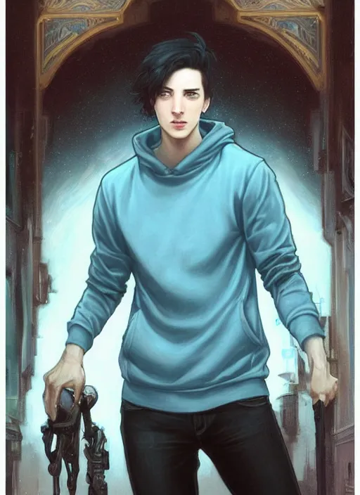 Image similar to handsome young man with short black hair, glowing light blue eyes, pale skin, wearing jeans and a black hoodie, detailed night time cityscape background, realistic painting by ross tran and gerald brom and alphonse mucha, ilya kuvshinov, svetlana tigai, artgerm, trending on artstation