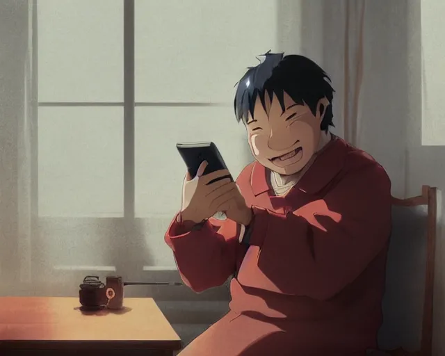 Image similar to a 50 year old brunnete happy chinese man with puffy cheeks sitting on a couch at home and talking on the phone, close up shot, anime art, Greg Rutkowski, studio ghibli, dramatic lighting