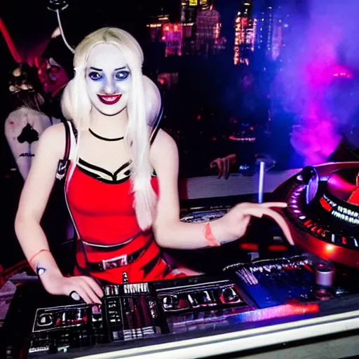 Prompt: harley quinn on the dj decks