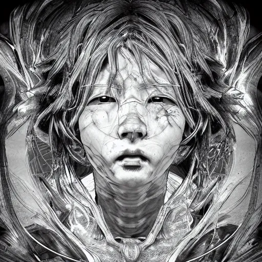 Prompt: birth / rebirth ( rebirth / rb ), in the style of hiroya oku and riyoko ikeda, black and white, photorealistic, epic, super technical, 3 d render
