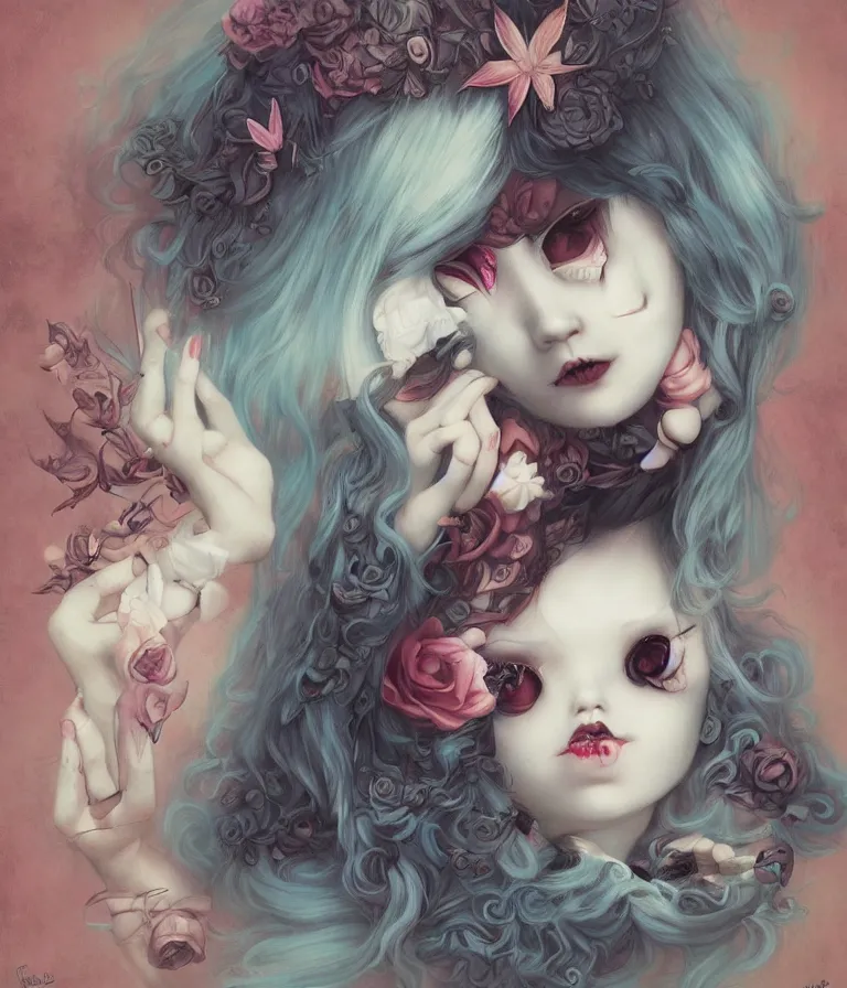 Image similar to pop surrealism, lowbrow art, realistic alone cute alice girl painting, japanese street fashion, hyper realism, muted colours, rococo, natalie shau, loreta lux, tom bagshaw, mark ryden, trevor brown style