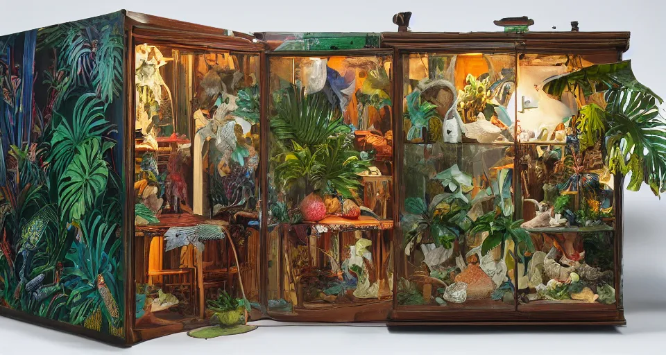 Prompt: A cabinet of wonder with a tropical collection of objects, 8K, realistic picture, exhibition catalogue, landscape, artificial, neon white illumination