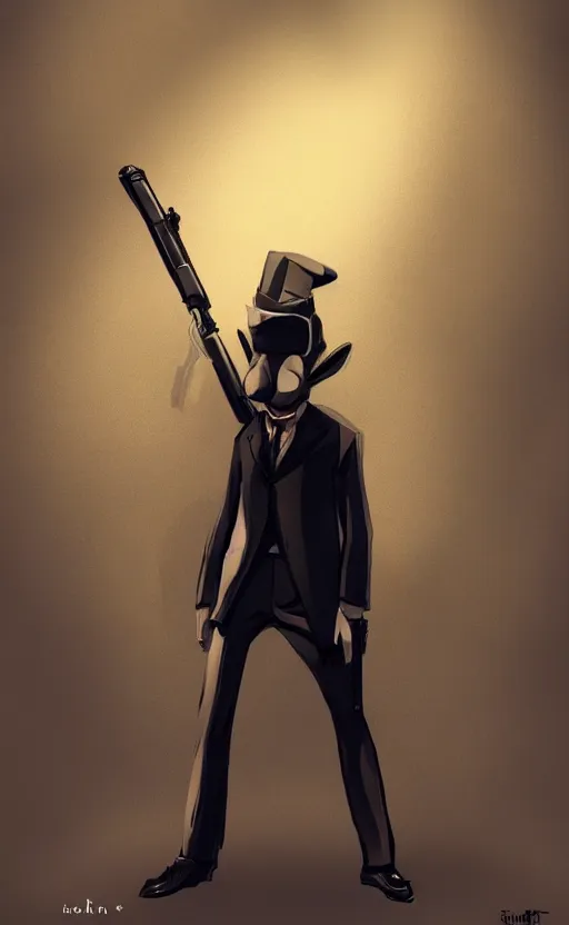 Image similar to rabbit as a hitman, suit and tie, with silenced gun, dynamic lighting, fantasy concept art, trending on art station, stunning visuals, creative, cinematic, ultra detailed, comic strip style