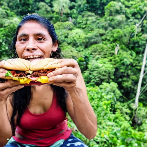 Prompt: a high detail photograph of a proud guatemalan citizen eating a hamburger in the middle of the jungle, award winning photograph