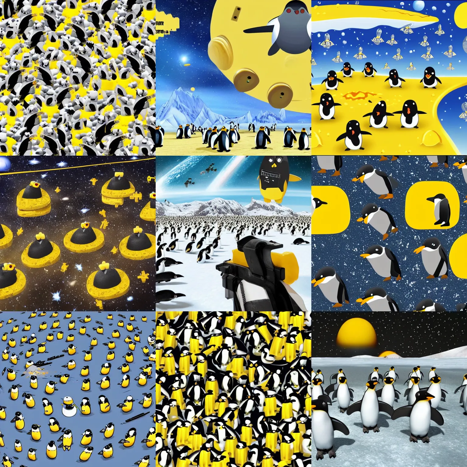 Prompt: planet made of yellow swiss cheese in space, army of robotic penguins, soldier penguins holding guns, invasion, hyper-realistic