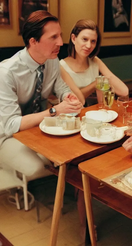 Image similar to creamy, delicious portrait of a couple on a date, by wes anderson