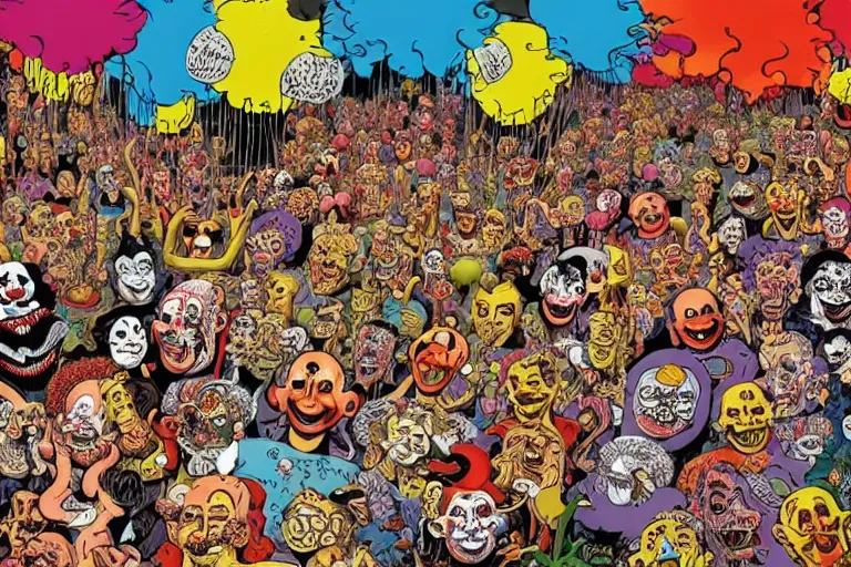 Prompt: endless crowd of clowns by rotella mimmo, kenny scharf, jacek yerka, peter bagge, simon bisley, artur bordalo, judy chicago, geof darrow