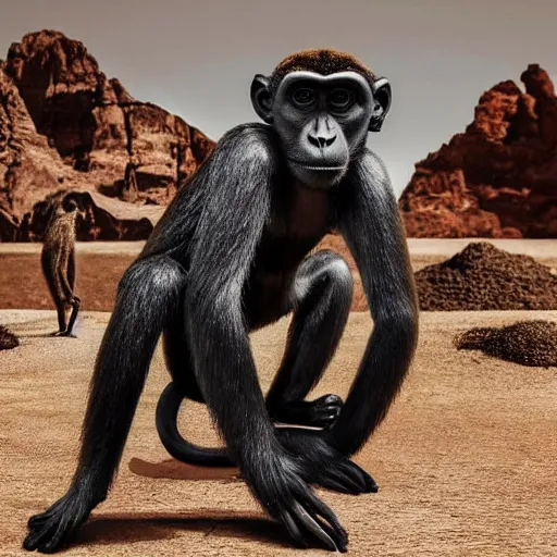 Prompt: Contamporary art photography of ultra mega super hyper realistic detailed group of monkey's that wears suits standing around very highly detailed Obsidian monolith in the desert