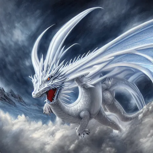 Image similar to a Blue eyed white dragon, epic background by Keith Thompson and Christopher Bretz, highly detailed, digital painting, HDRI, vivid colors, high contrast, 8k resolution, intricate, photorealistic, smooth