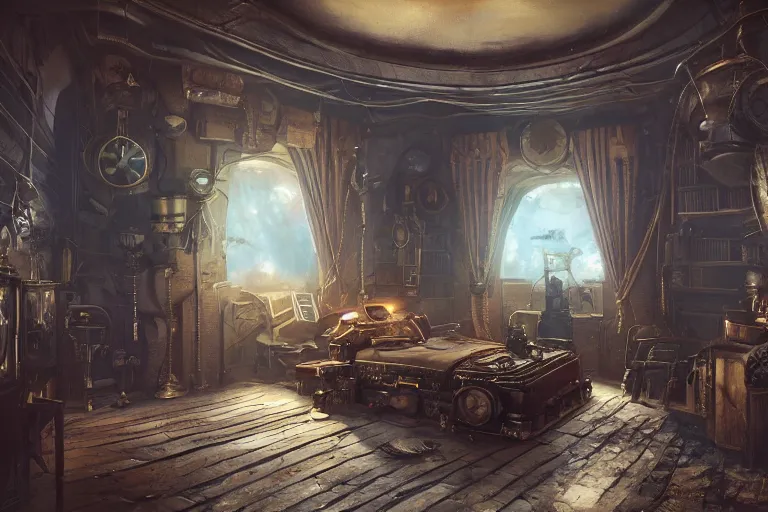 Image similar to interior of a steampunk bedroom, 3d scene, render, ultra realistic, zenith view, Greg Rutkowski, artstation, cgsociety, level design, unreal engine alien whale flying over a steampunk city, 3d scene, render, ultra realistic, zenith view, Enki Bilal style