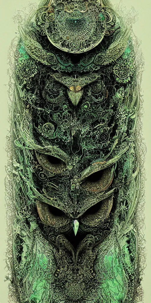 Prompt: intricate ornate of an owl with beautiful green eyes on a psychedelic journey, sacred, ethereal, Tsutomu Nihei, by Emil Melmoth, Zdzislaw Beksinski, yoji shinkawa, pete morbacher, hyper detailed, high detail, artstation, octane, unreal engine