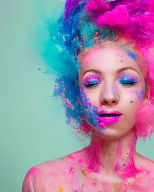 Prompt: a dramatic lighting photo of a smiling beautiful young woman with cotton candy hair. paint splashes. with a little bit of cyan and pink