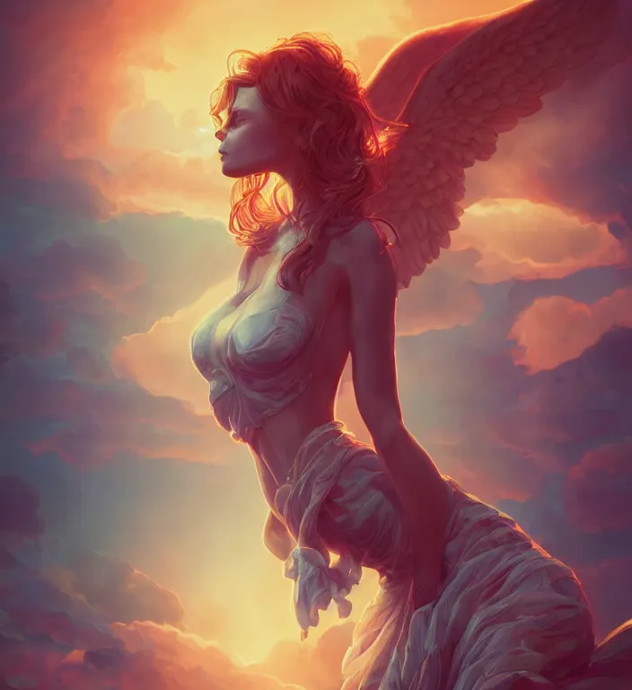 Image similar to centered waist up portrait photography an angel + glowing outlines, bokeh + DOF + 8k, photorealistic + rendered in unreal engine + composition by Peter Mohrbacher + line work by Dan Mumford , ultra realistic + backlit + strong rimlight, sunset + HDRI, HD, Photoreal