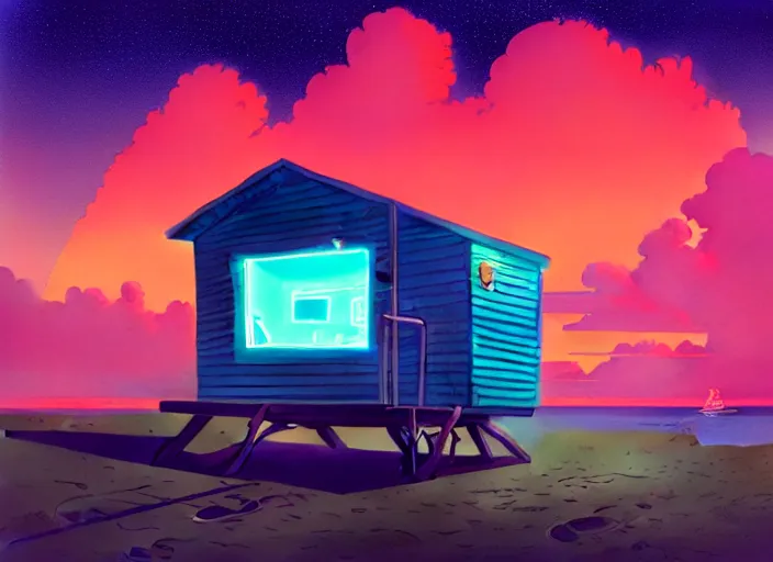 Image similar to a luminescent beach hut at night by paolo eleuteri serpieri and tomer hanuka and chesley bonestell and daniel merriam and tomokazu matsuyama, unreal engine, high resolution render, featured on artstation, octane, 8 k, highly intricate details, vivid colors, vector illustration