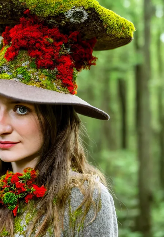 Prompt: a close up of a person in a forest with a beautiful hat made of lichen and flowers, depth of field portrait, hd photography, intricate