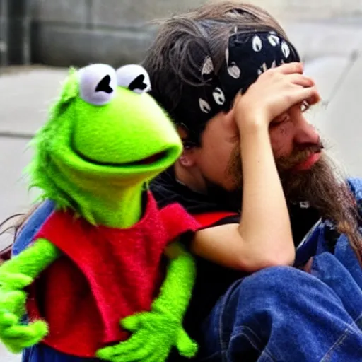 Image similar to disheveled homeless angry muppet stabbing Kermit out of jealousy. Photograph.