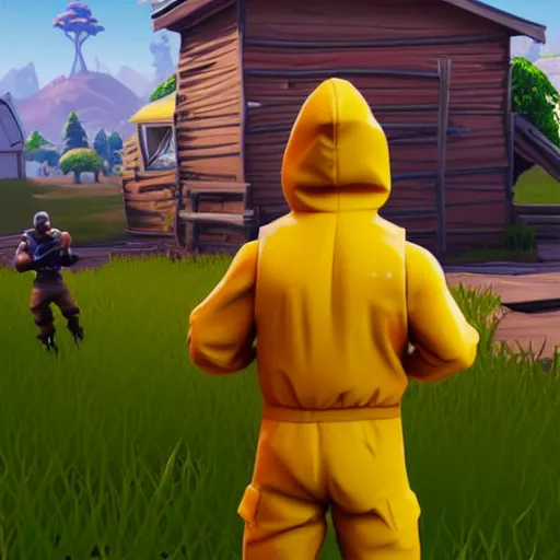 Image similar to screenshot of me playing fortnite using as walter white in his yellow hazmat suit, 3 d avatar, third person view, fortnite