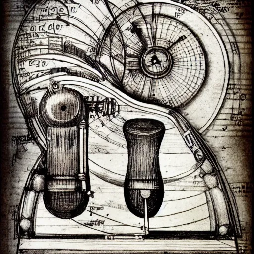 Image similar to music machine designed by di fate drawn by da vinci, detailed pen and ink illustration