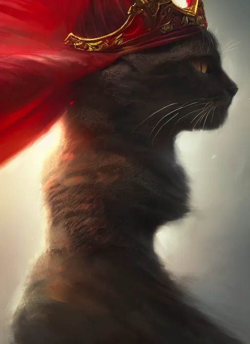 Image similar to side profile of a cat king wearing a crown and red cape, fantasy, digital painting, volumetric light, intricate, sharp, focus, bloom, illustration, highly detailed, concept art, matte, ruan jia, randy vargas, greg rutkowski