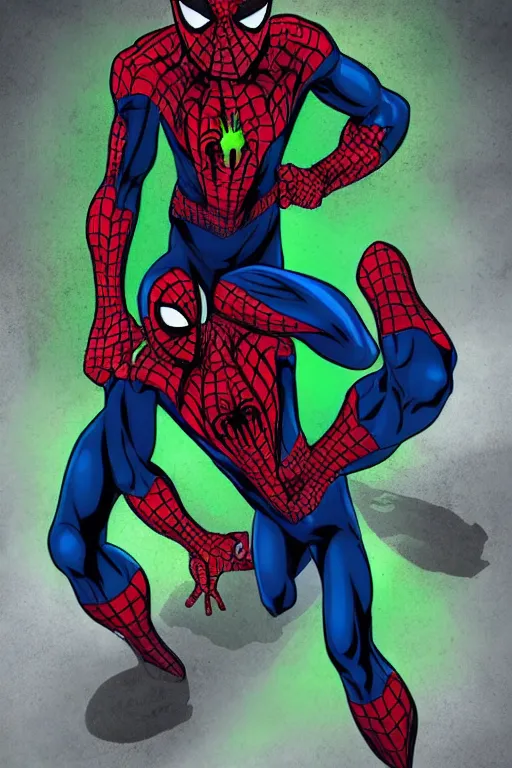 Image similar to a cross between spider man and green goblin