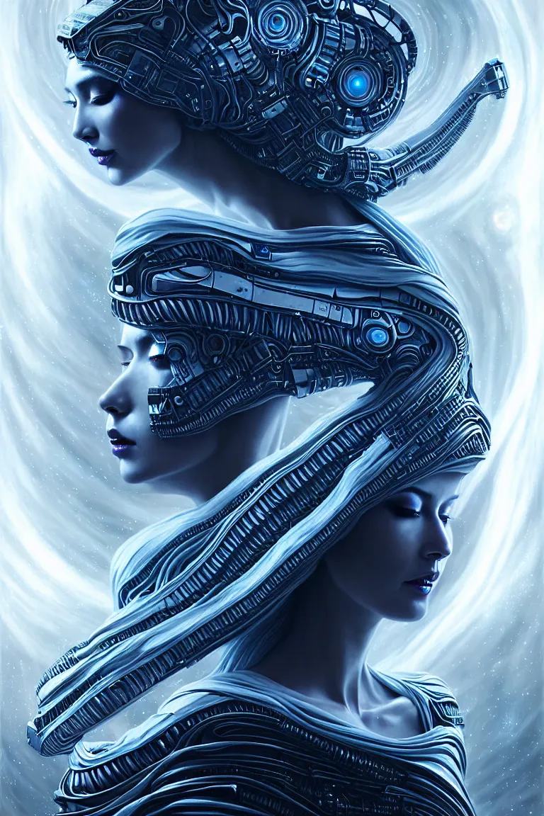 Image similar to epic stunning alien machine goddess of the black hole in white shimmering robes by android jones alex grey android jones alex grey mark cooper alien beauty goddess epic scale bluehaired timespace goddess with white robes and metallic machine deity artgerm photorealistic detailed hypervivid intense digital art by greg rutkowski max chroma