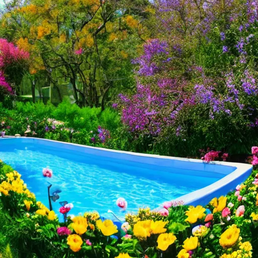 Image similar to swimming pool in the middle of a land of flowers