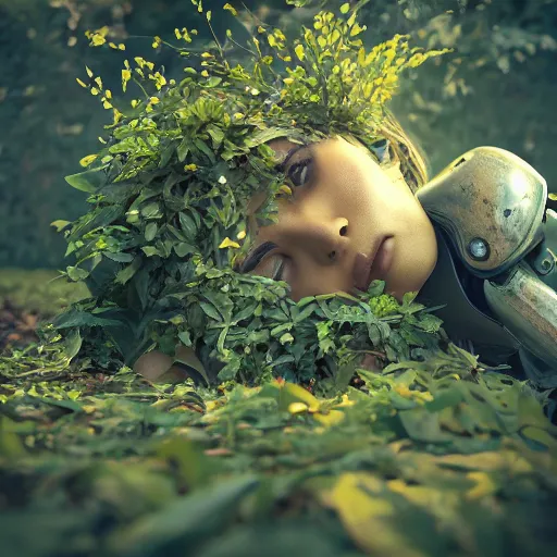 Image similar to beautiful overgrown foliage taking over an ( beautiful abandoned human - shaped robot body laying on the ground ), close - up, 3 5 mm, biopunk, bokeh, beautiful, lens flare, emotional, sweet, flowers, detailed, picture, trending on artstation, award - winning, shiny, golden, angle view, octane render