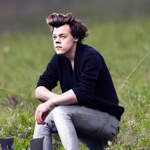 Image similar to harry styles sat on the toilet in the middle of a field