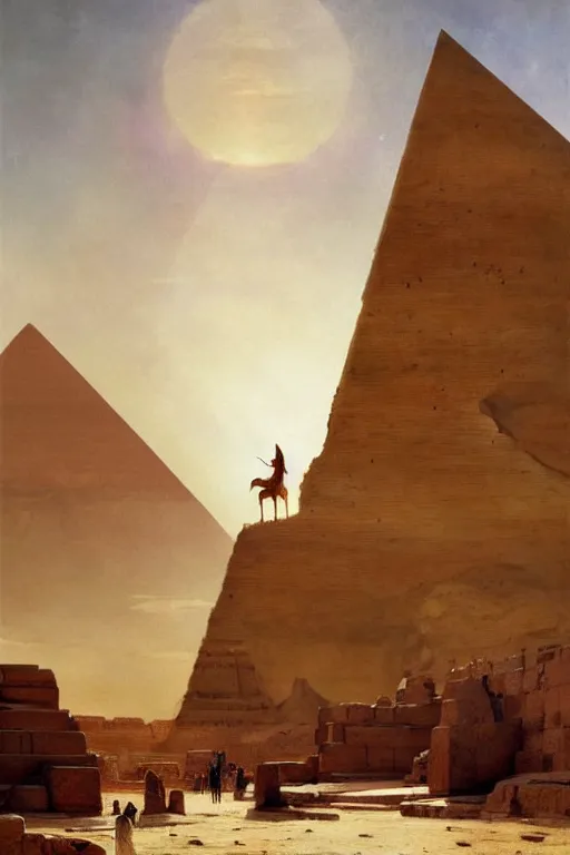 Image similar to beautiful landscape of ancient cairo egypt giant satue of anubis in the forground pyramids in the background, art by anders zorn, wonderful masterpiece by greg rutkowski, beautiful cinematic light, american romanticism thomas lawrence, greg rutkowski