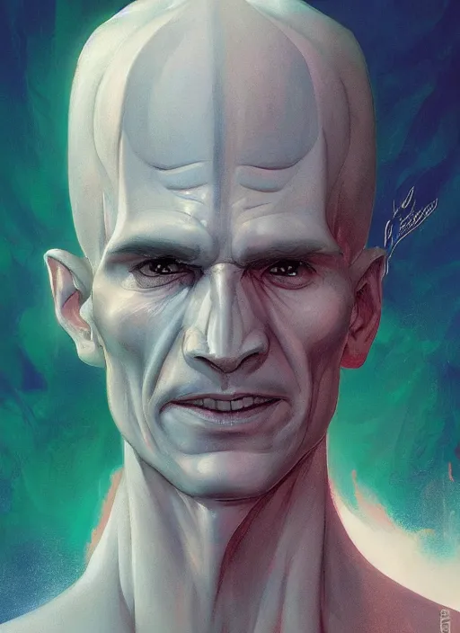 Image similar to a portrait of a male character with only flat nostrils instead of his nose of Voldemort in a scenic environment by Ross Tran and by Jesper Ejsing and by Mikalojus Konstantinas Ciurlionis