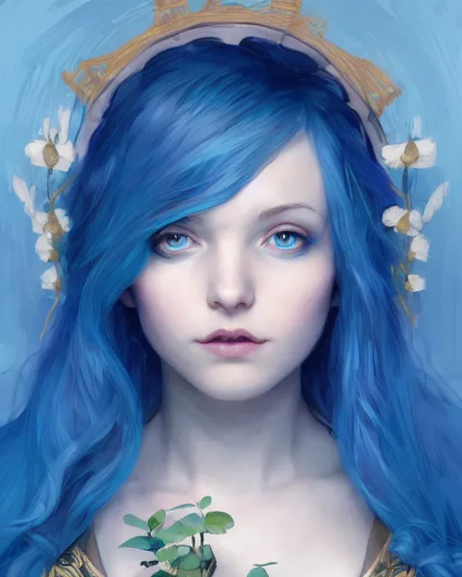 Image similar to symmetrical portrait of a pretty girl with blue hair dressed as alice and wonderland, digital painting, 8 k, concept art, art by wlop, artgerm, greg rutkowski and alphonse mucha